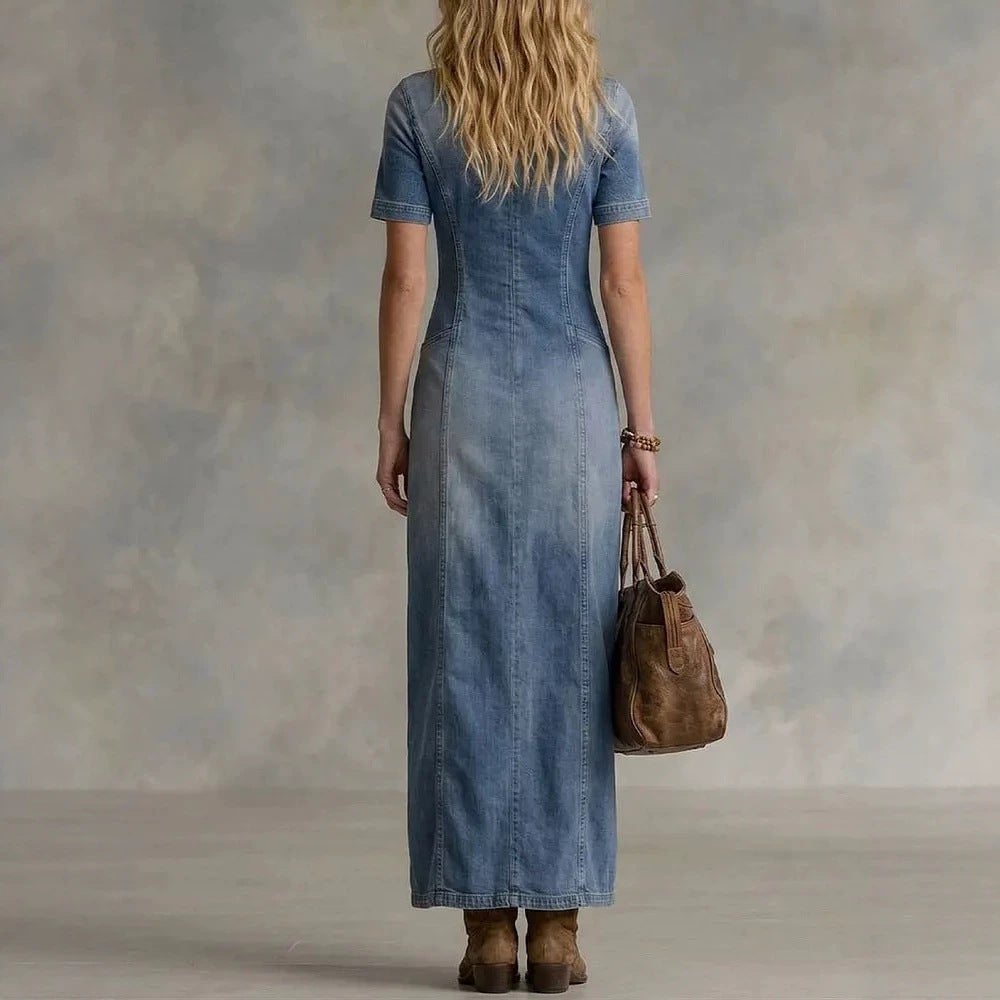 Retro Denim V-Ausschnitt Rüschenkleid – Bild 3 | LuxeStyle