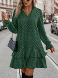 Grünes Printkleid mit ausgestellten Ärmeln und V-Ausschnitt – Bild 7 | LuxeStyle