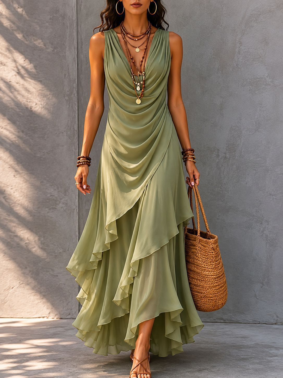 Ärmelloses V-Ausschnitt-Kleid mit Stufenrock