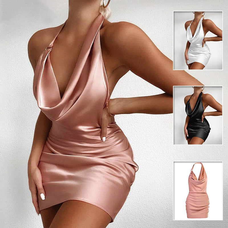 Satin-Partykleid, rückenfrei, V-Ausschnitt, Mini