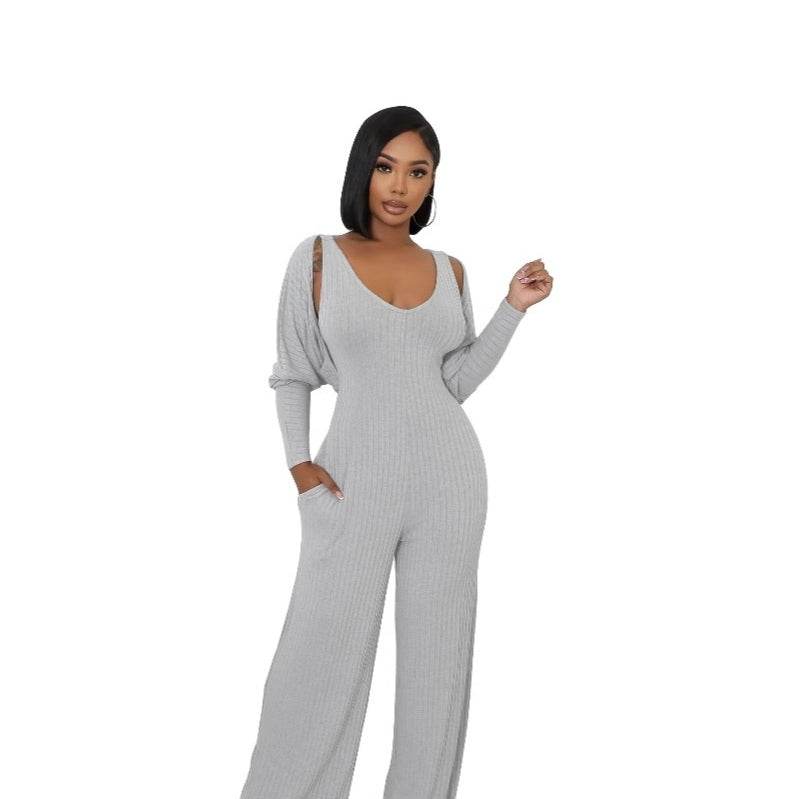 Gerippter Langarm-Jumpsuit mit hohem Stretchanteil