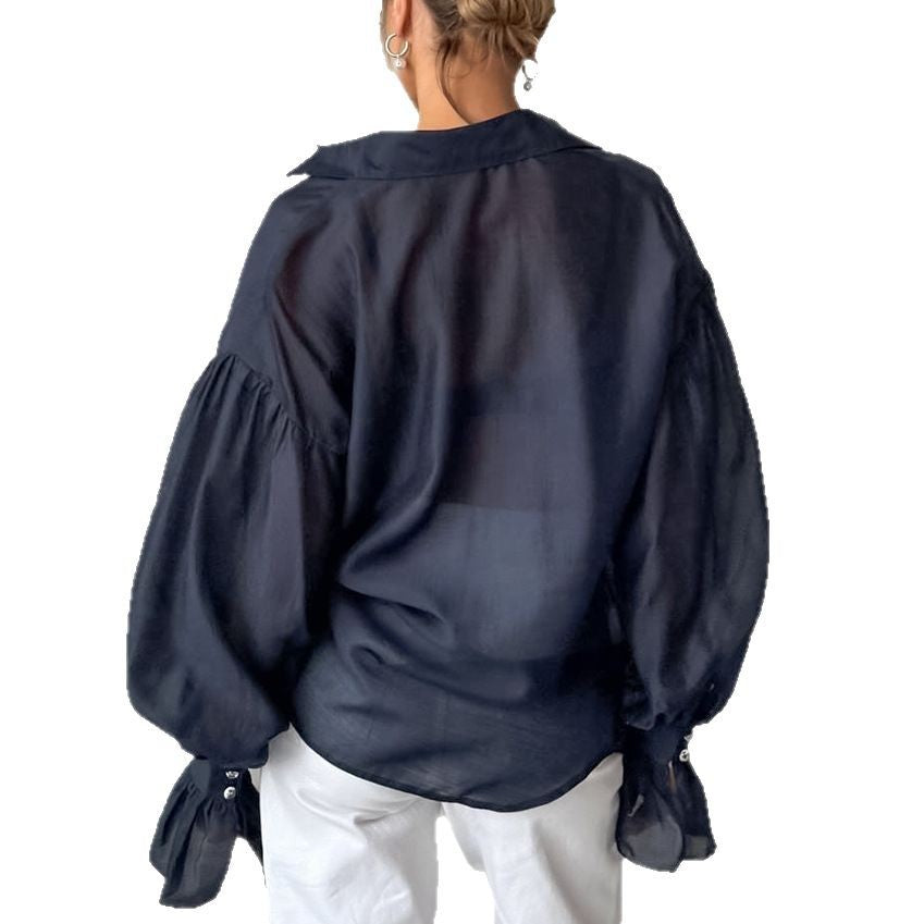 Khaki-Blau Sheer Langarmshirt für Damen – Bild 3 | LuxeStyle