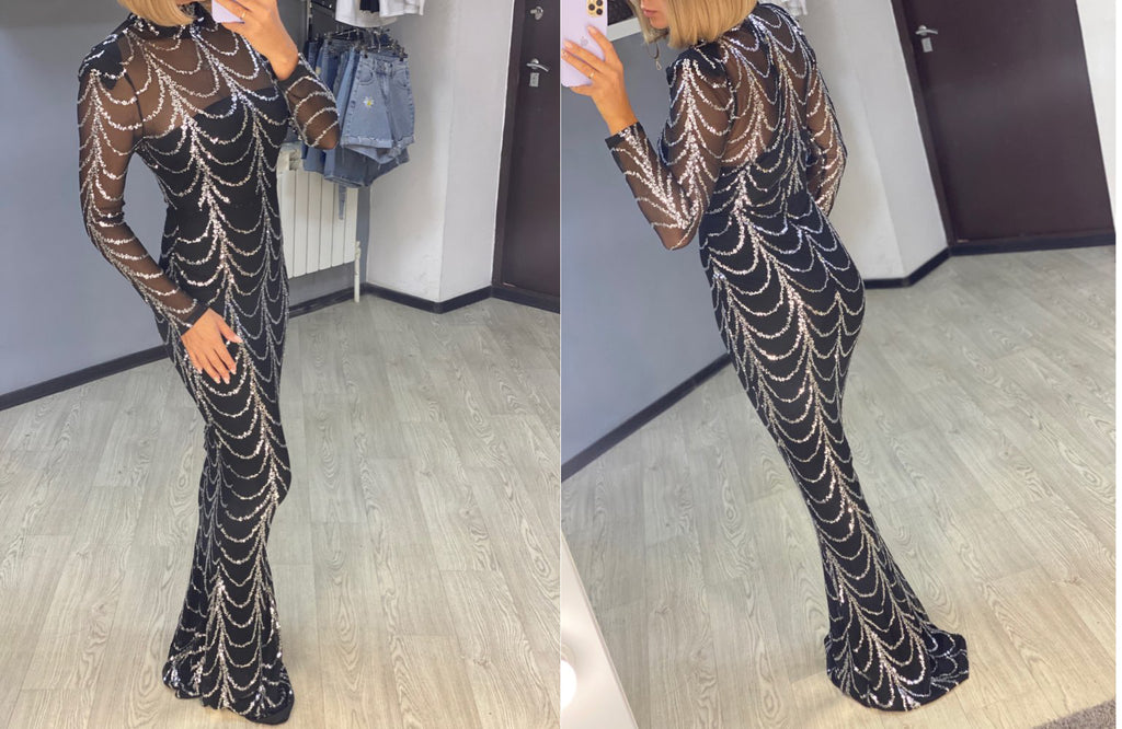 Pailletten Maxi-Kleid mit langen Ärmeln