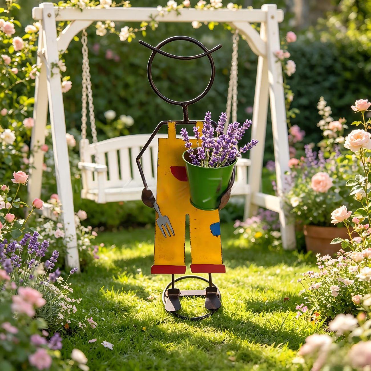 Blumentopf-Figur aus bemaltem Schmiedeeisen