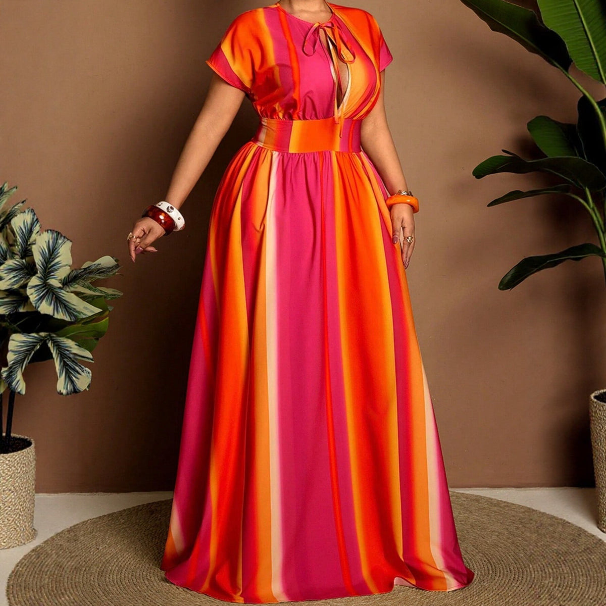 Gestreiftes A-Linien-Kleid mit Farbblock – Bild 4 | LuxeStyle