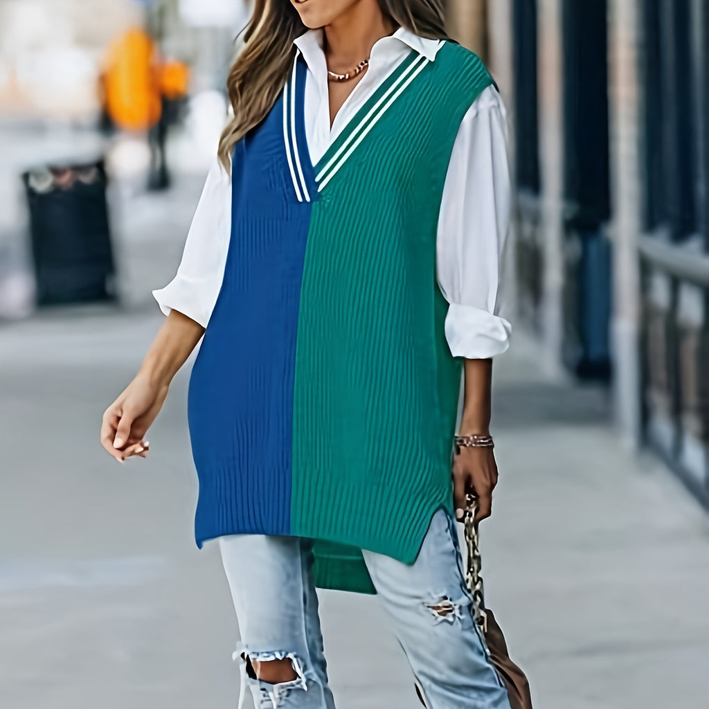 Color-Block V-Neck Strickweste für Damen