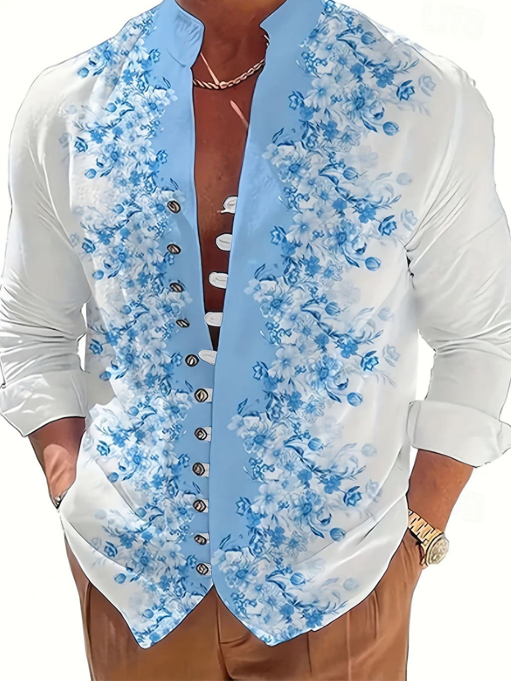 Stehkragenhemd mit Wellenmuster für Herren – Bild 2 | LuxeStyle