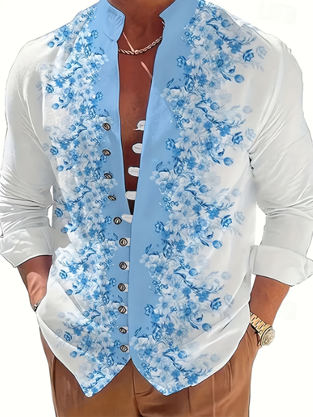 Stehkragenhemd mit Wellenmuster für Herren – Bild 2 | LuxeStyle
