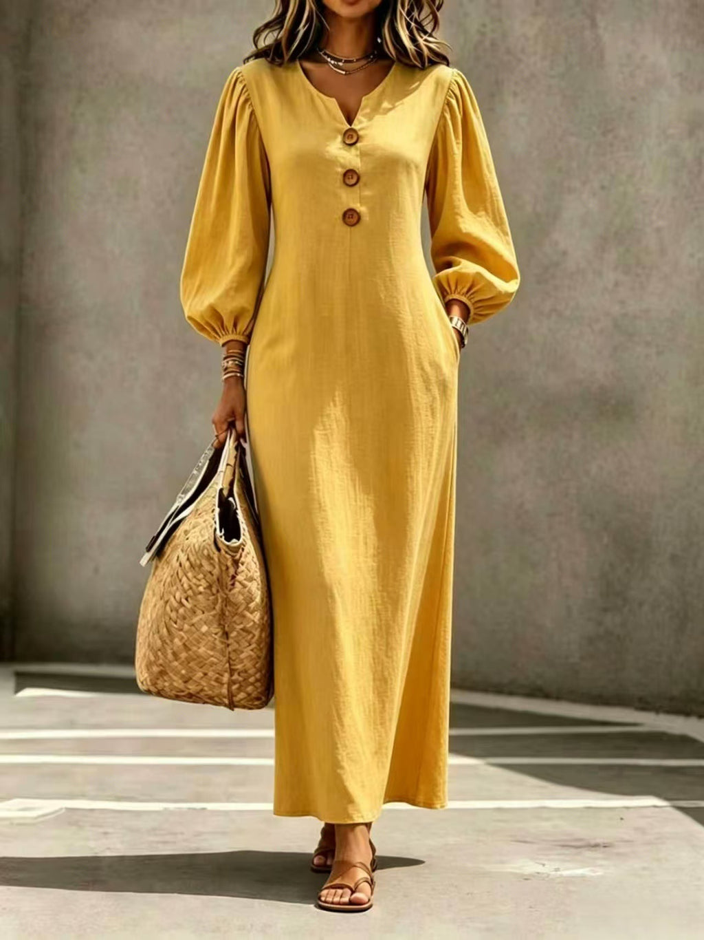 V-Ausschnitt A-Linien Kleid mit Puffärmeln