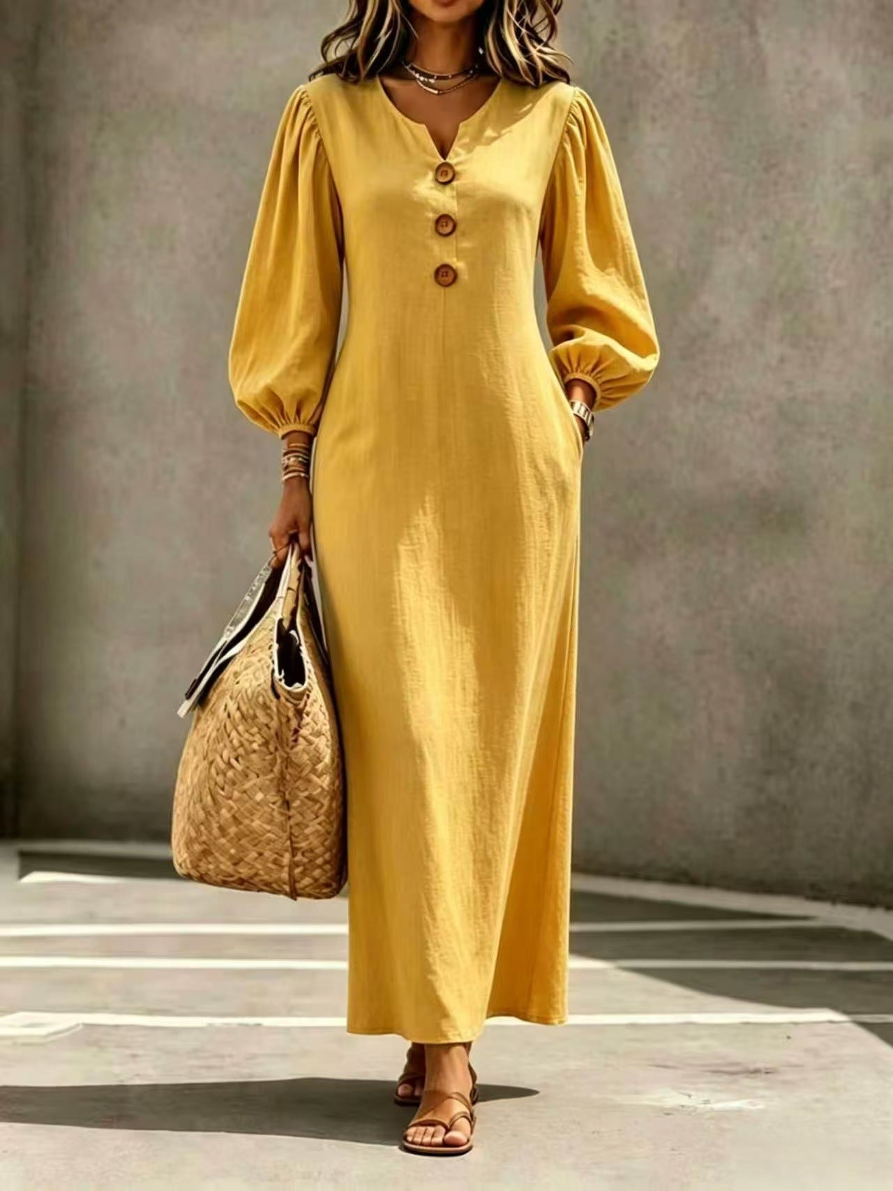 V-Ausschnitt A-Linien Kleid mit Puffärmeln