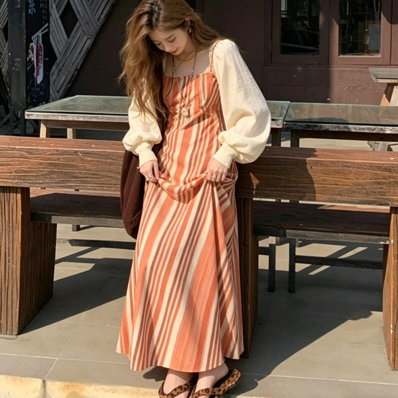 Vintage A-Linien Trägerkleid mit Diagonalstreifen