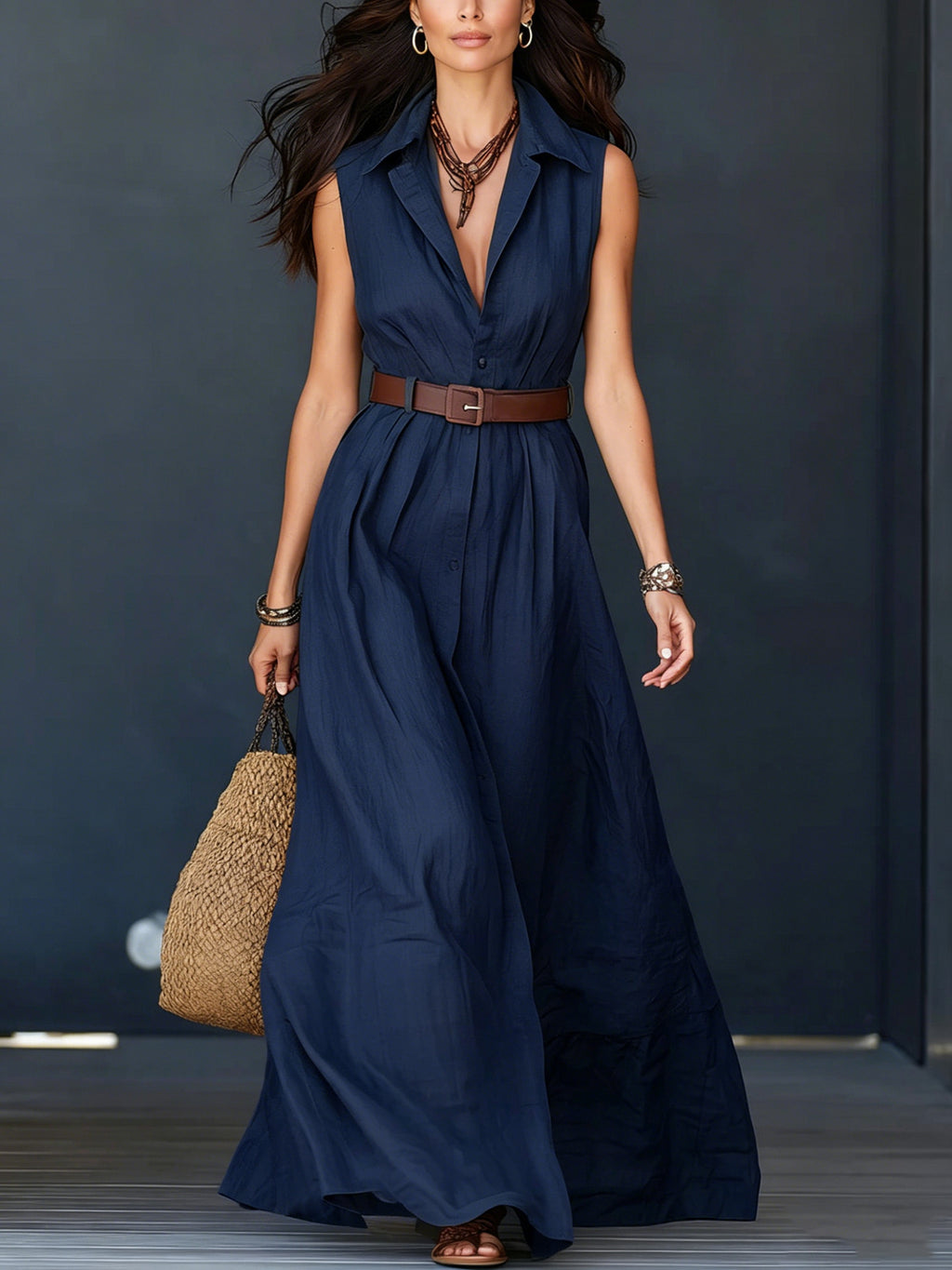 Ärmelloses Hemdkleid mit Revers und Taillengürtel – Bild 4 | LuxeStyle
