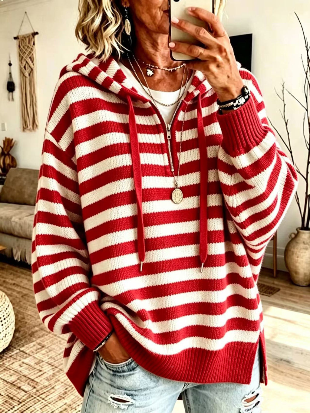 Gestreifter Half-Zip Pullover mit Stehkragen