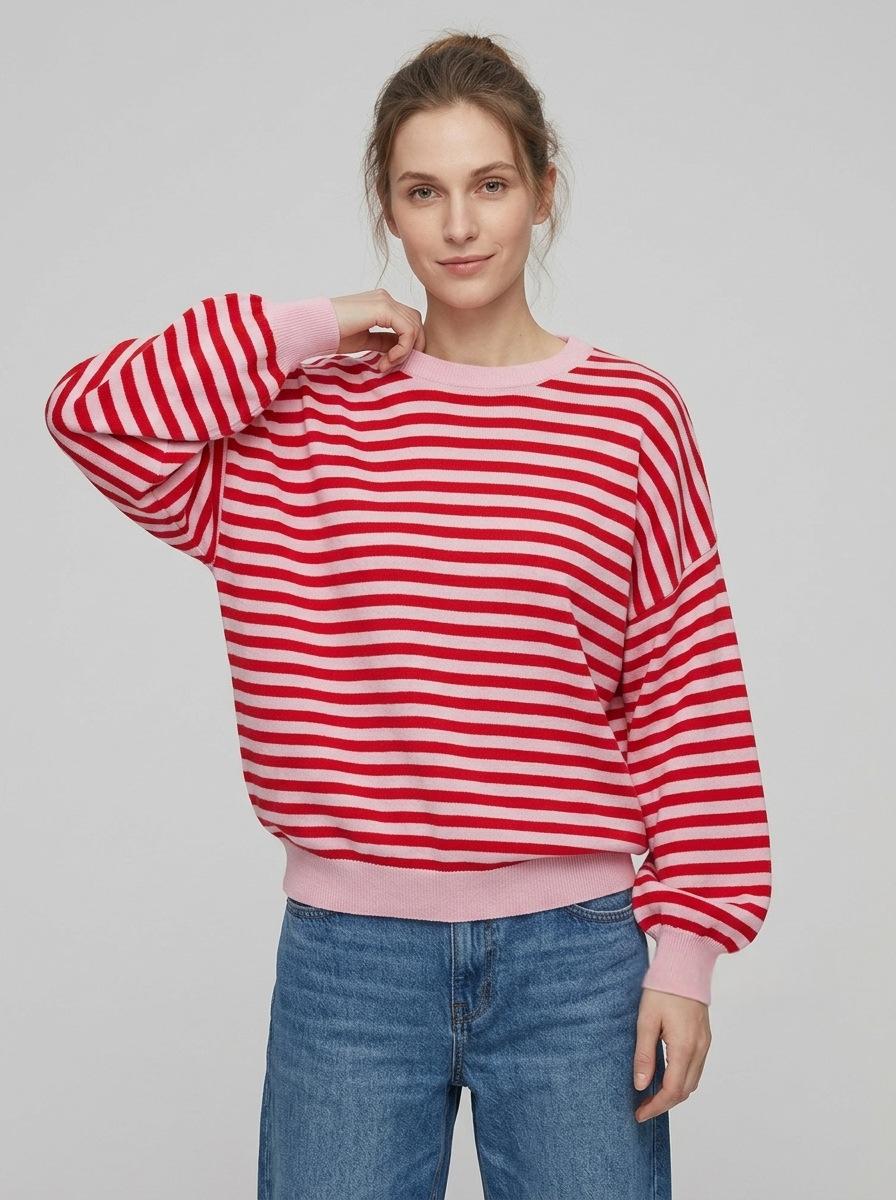 Rückenfreier gestreifter Color-Block Langarmstrickpullover