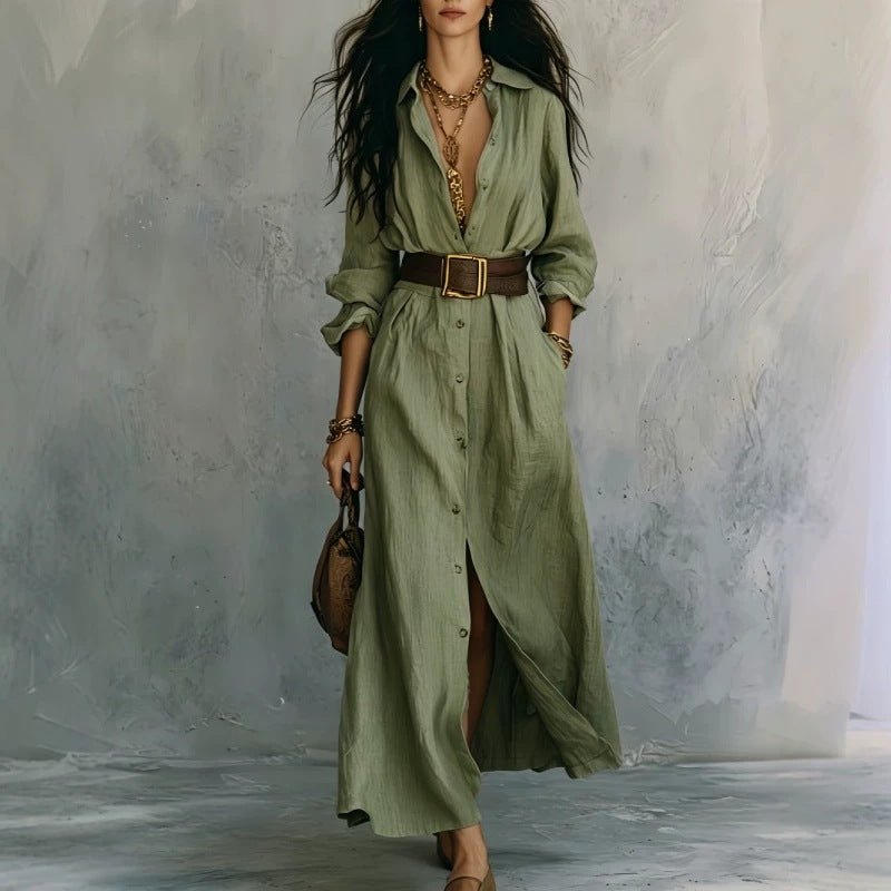 Elegantes V-Neck Langarm-Kleid mit Gürtel