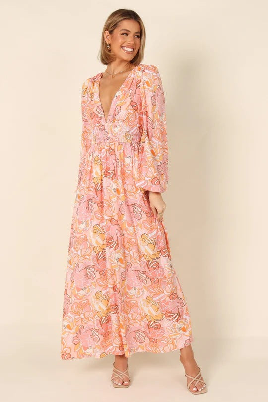 Bedrucktes rückenfreies V-Ausschnitt Langarm-Kleid – Bild 4 | LuxeStyle