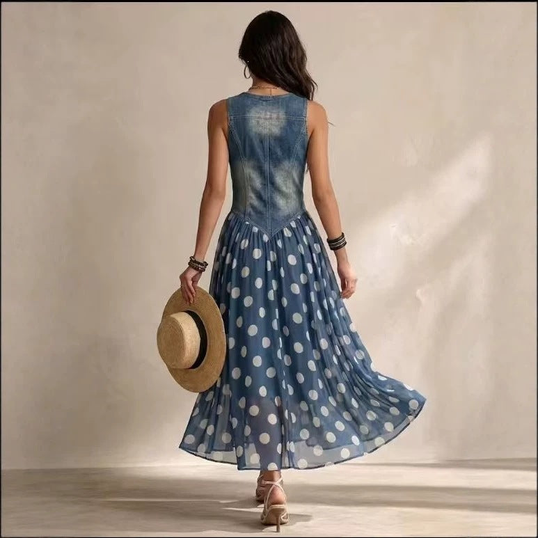 Dunkelblaues Polka-Dot Maxikleid im Denim-Look