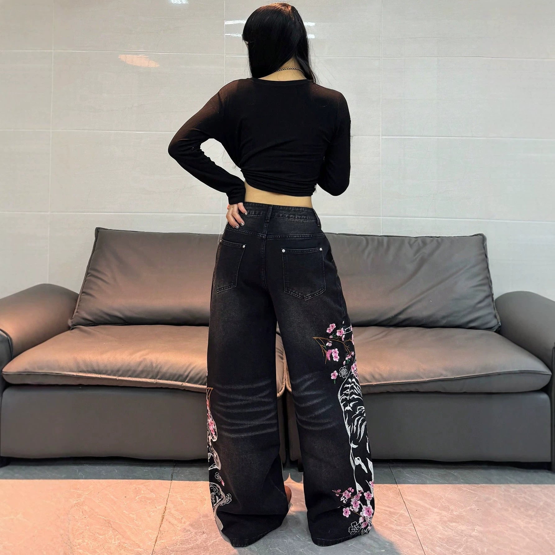 Weißer Tiger-Druck Bequem-Jeans Damen