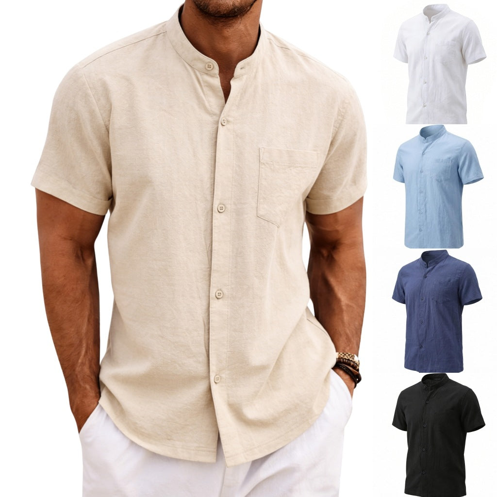 Herren-Sommerhemd «Lido» · Stehkragen, Kurzarm Leinen-Look