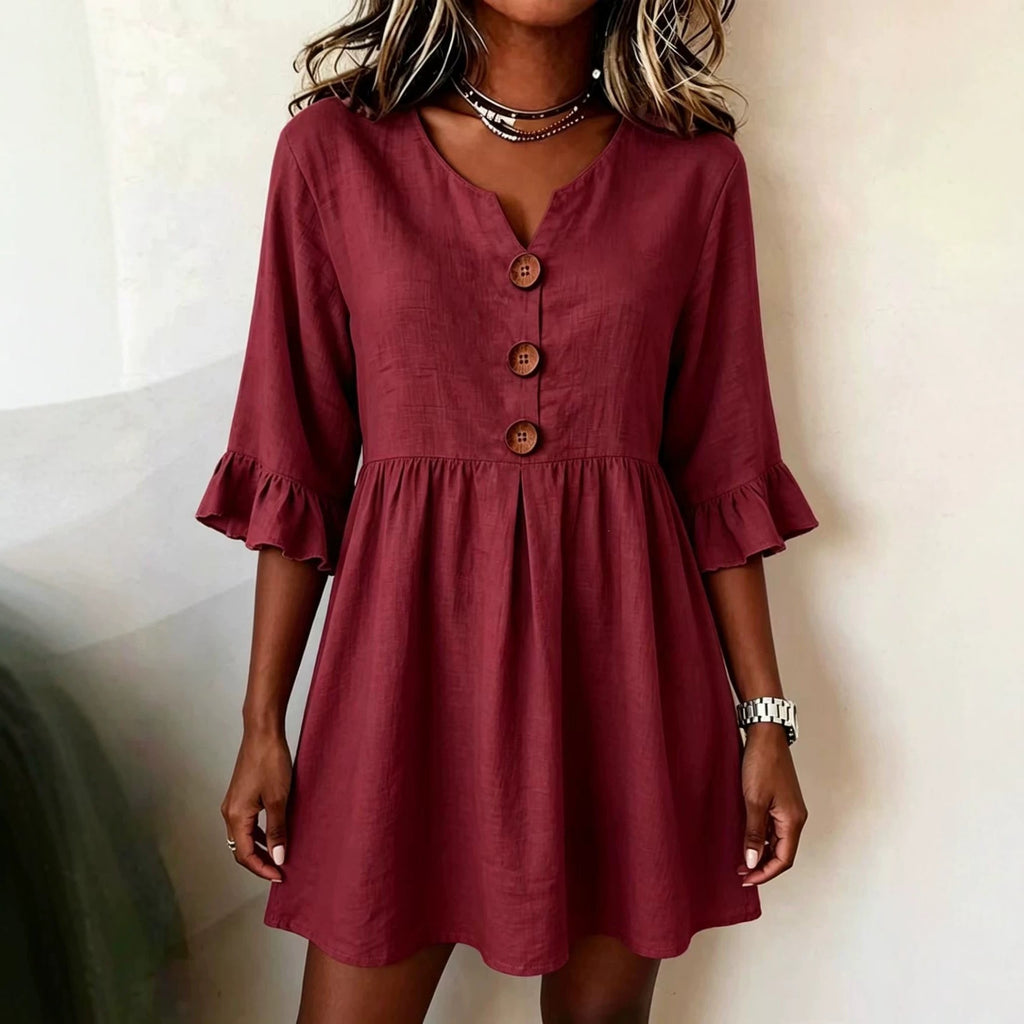 V-Ausschnitt Baumwoll-Leinen Midi-Kleid – Bild 3 | LuxeStyle