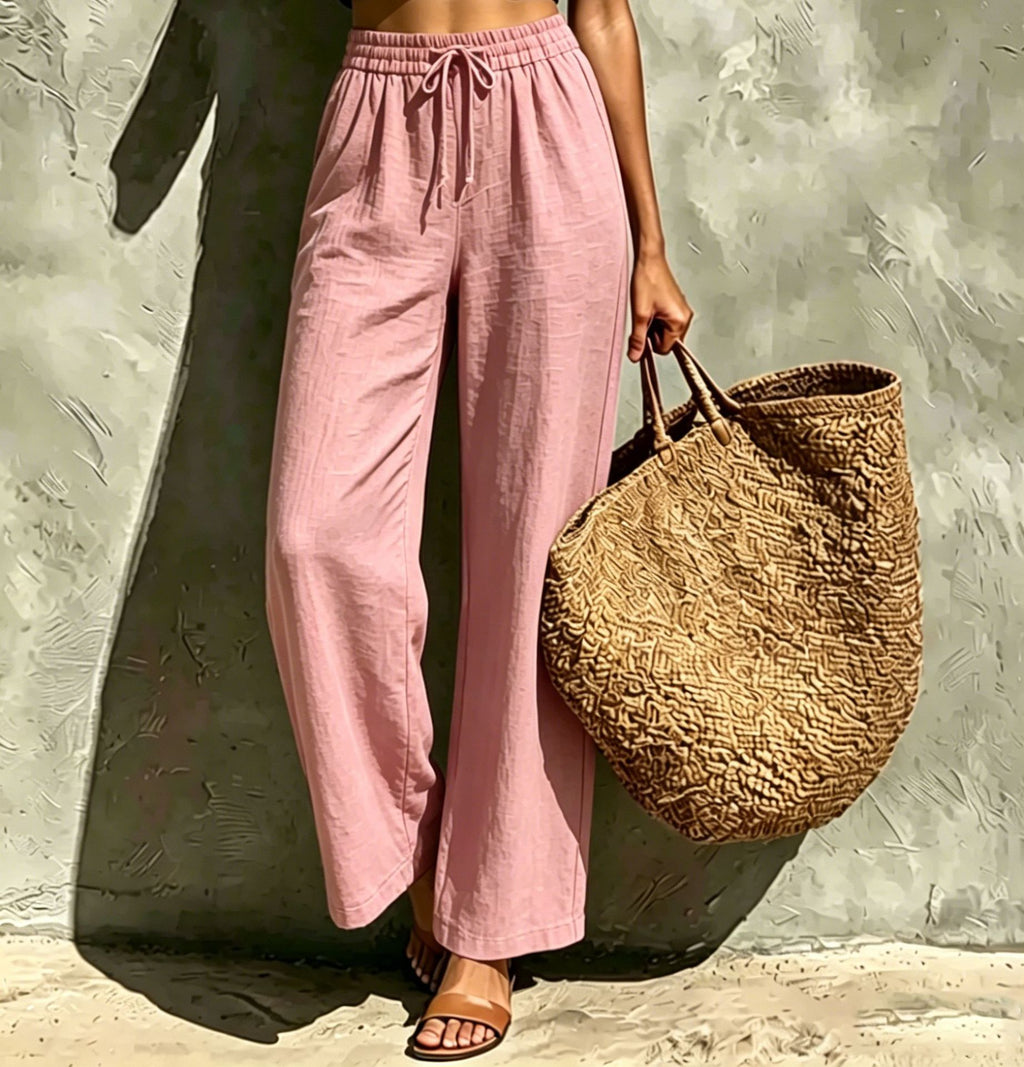 High-Waist Hose mit weitem Bein und Kordelzug – Braun