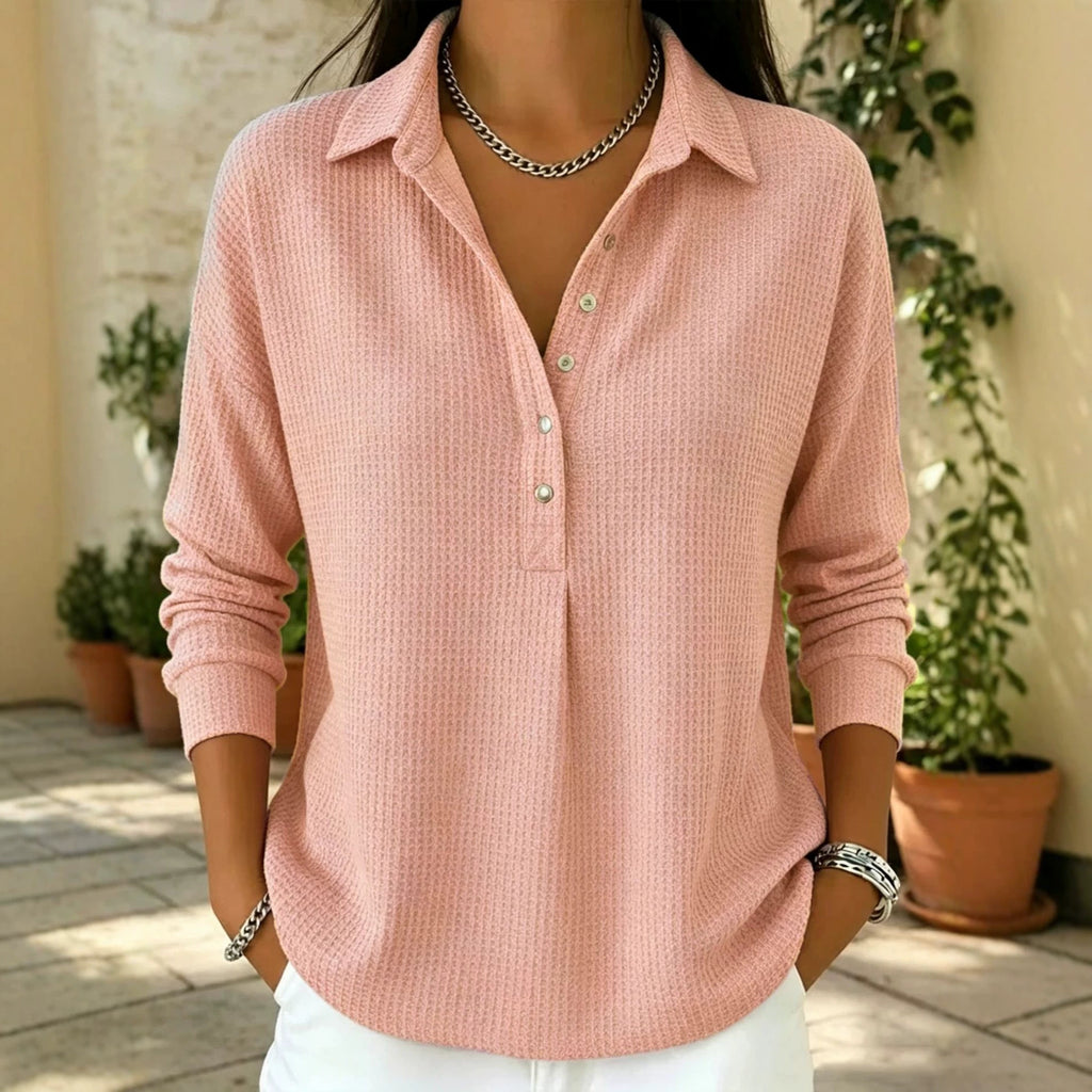 Einfarbige Waffelgewebe-Button-up-Hemd mit Kragen und Langarm