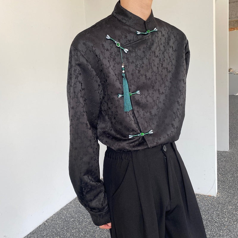 Satin Jacquard Langarmhemd mit Stehkragen