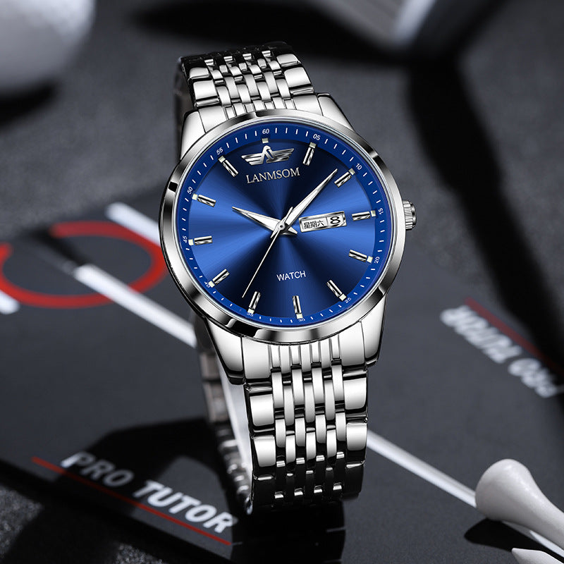 Schlankes Business Armband mit Doppeldatum, wasserdicht und automatisc