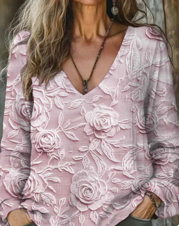 V-Neck Langarm-Pullover mit lockerem Print