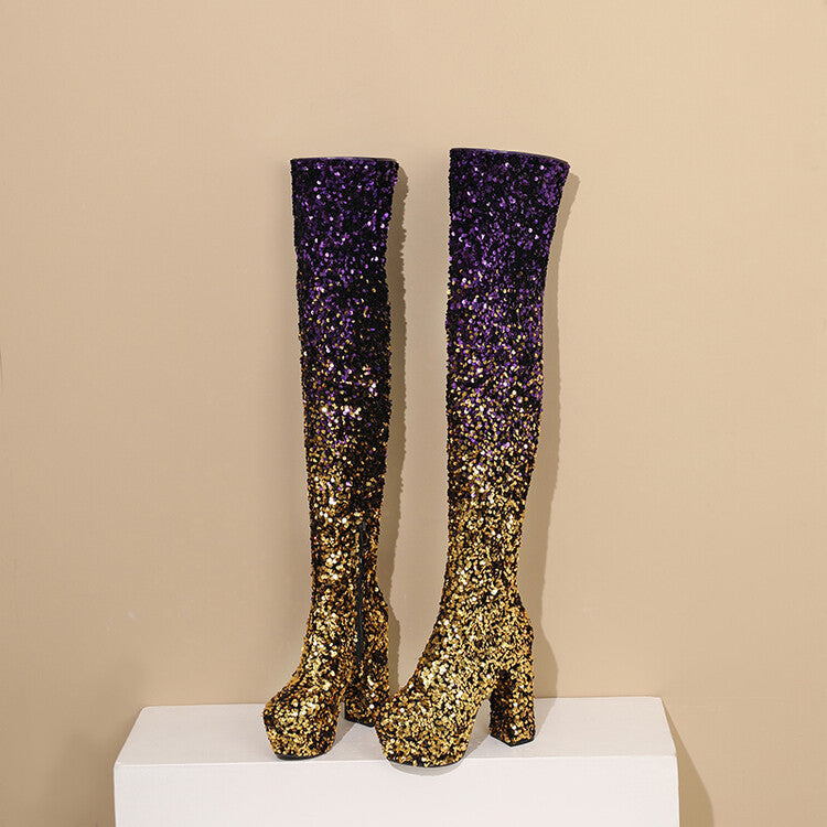 Sequen-Schuhe mit Stilettoabsatz, Überknie