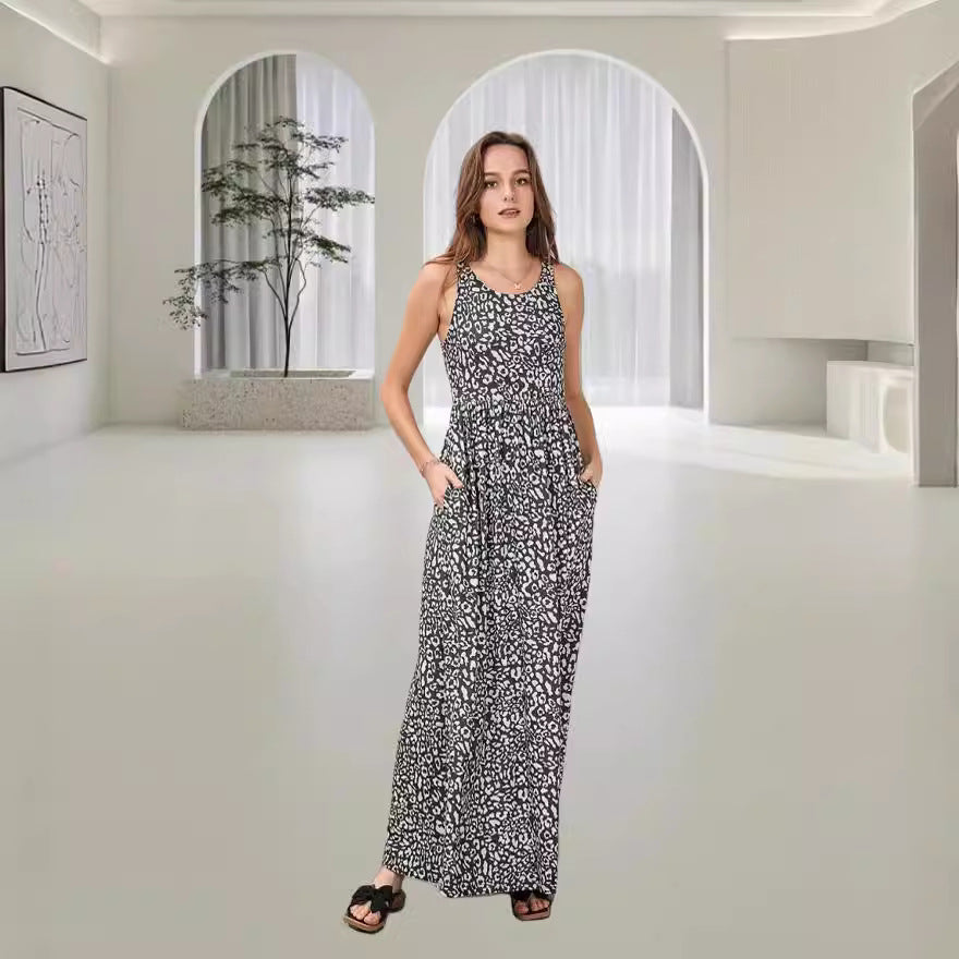 Gemustertes ärmelloses Maxikleid mit Rundhals