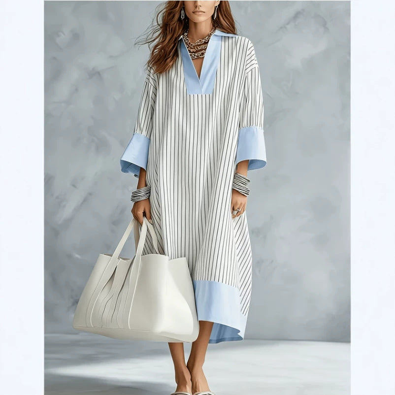 Gestreiftes A-Linien Kleid mit V-Ausschnitt – Bild 5 | LuxeStyle