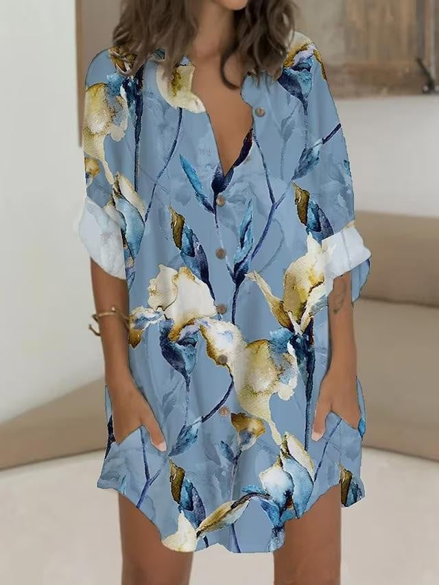 Midi-Hemdblusenkleid mit Blumenprint und Taschen