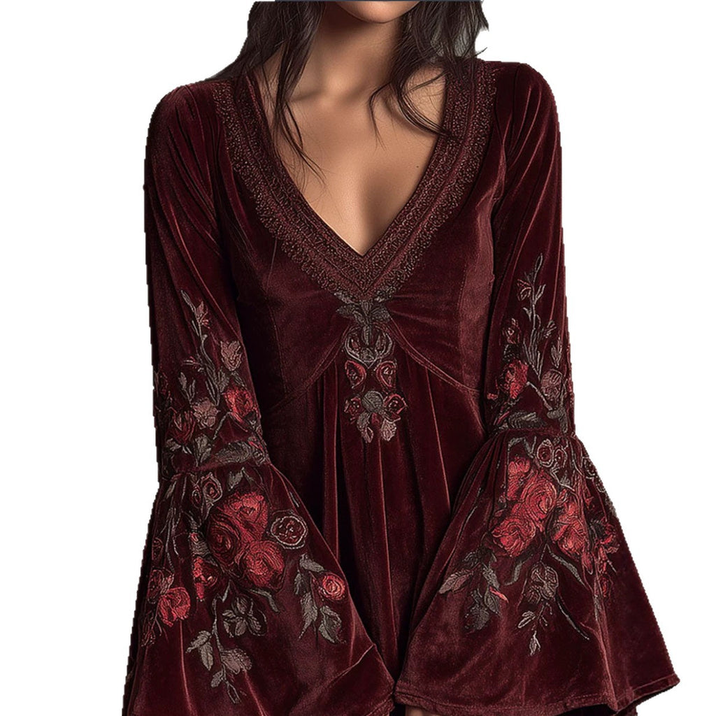 Burgunderrotes Samtkleid mit weiten Ärmeln – Bild 3 | LuxeStyle