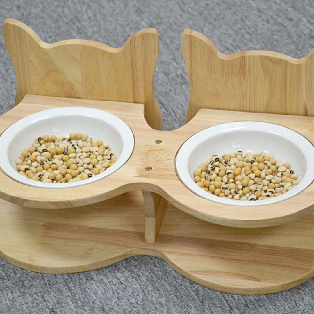 Holz Katzenfutterständer mit Keramikschale
