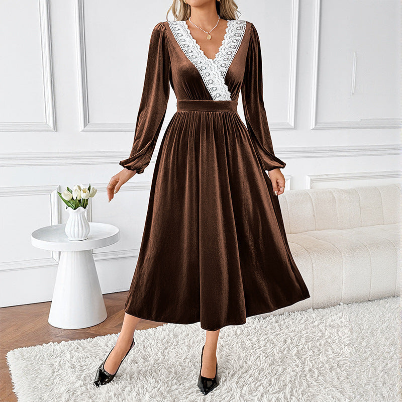 Braunes Spitzen-V-Neck-Maxi-Kleid – Bild 3 | LuxeStyle