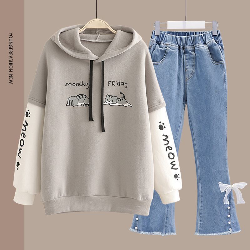 Hoodie-Set mit geradem Bein im Preppy-Stil