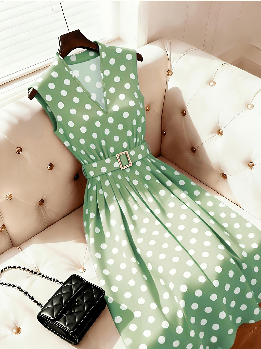 Punktiertes Midi-Kleid mit Gürtel