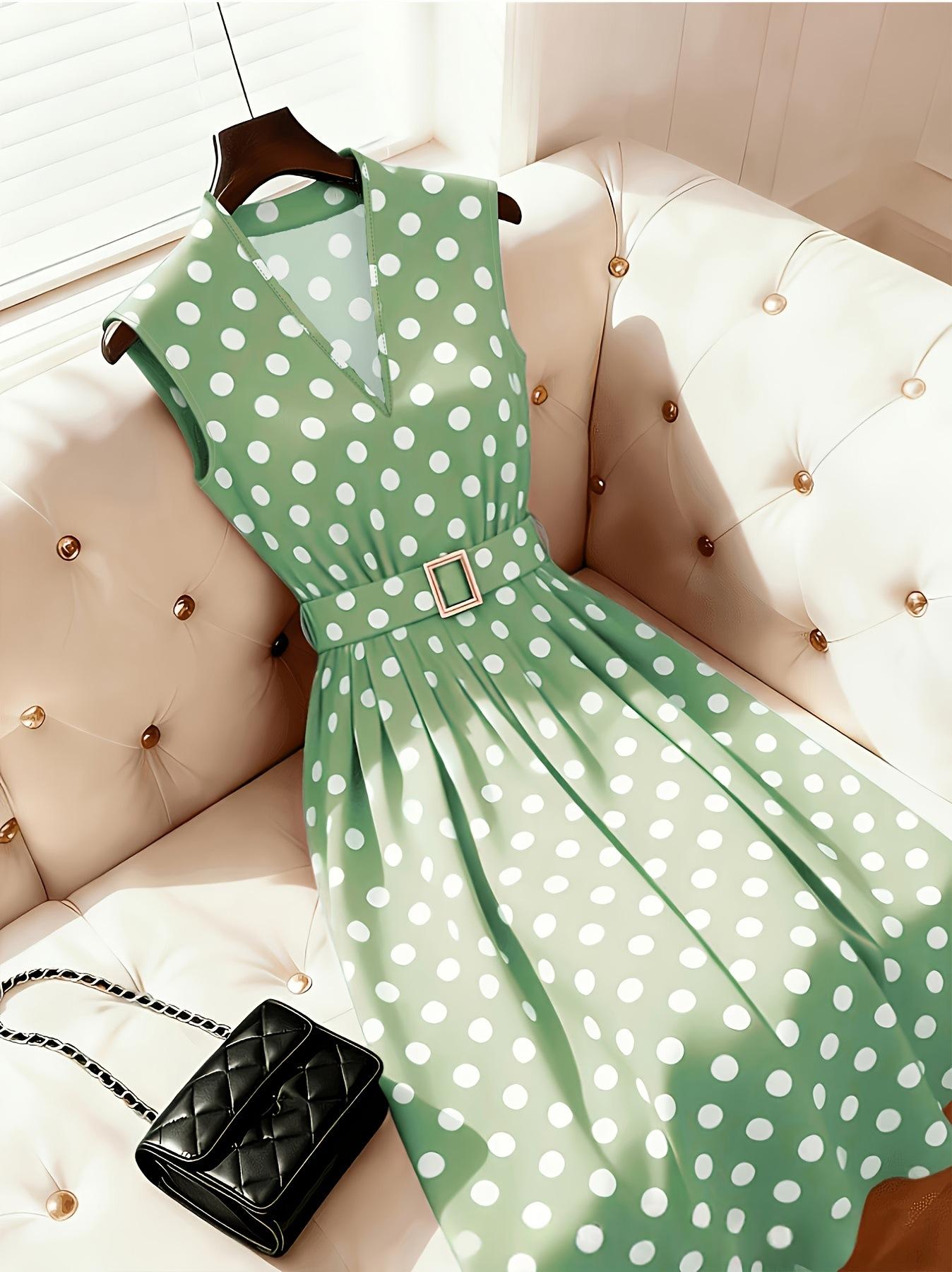 Punktiertes Midi-Kleid mit Gürtel