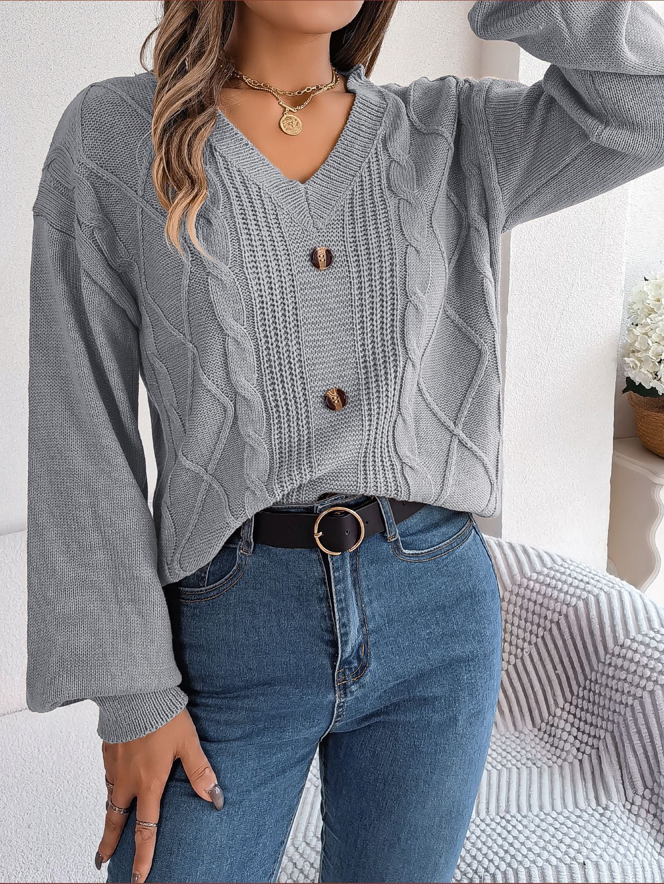 V-Ausschnitt Strickpullover mit Ballonärmeln – Ansicht 8