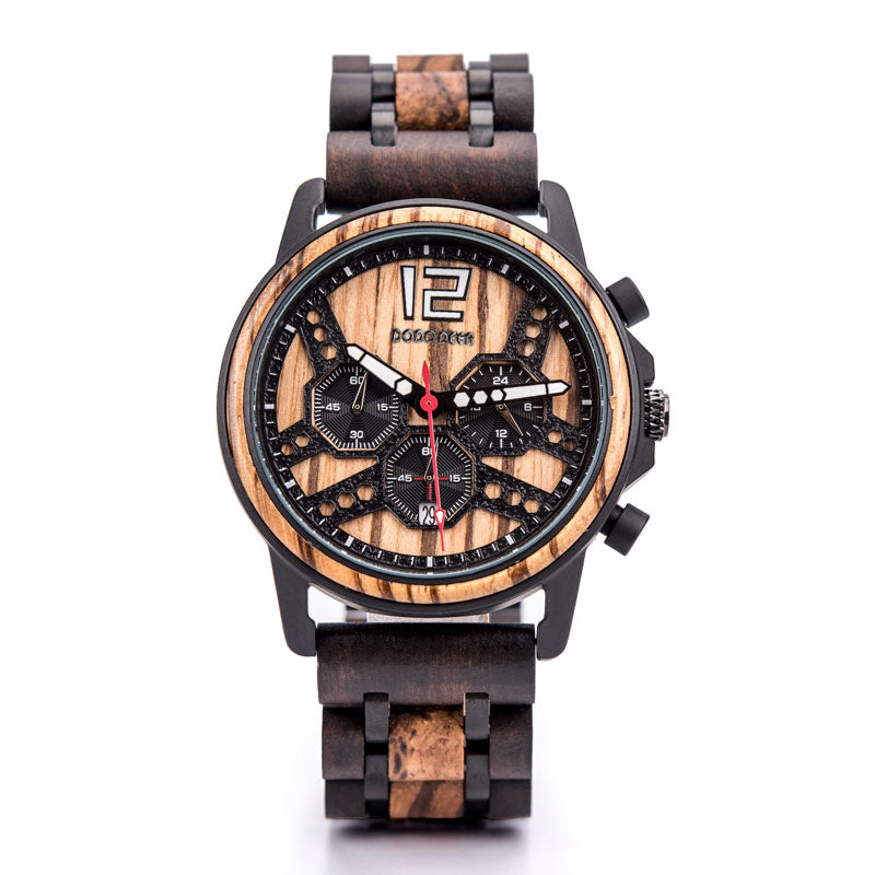 Holzuhr mit Chronograph, Kalender und Leuchtanzeige – Bild 3 | LuxeStyle