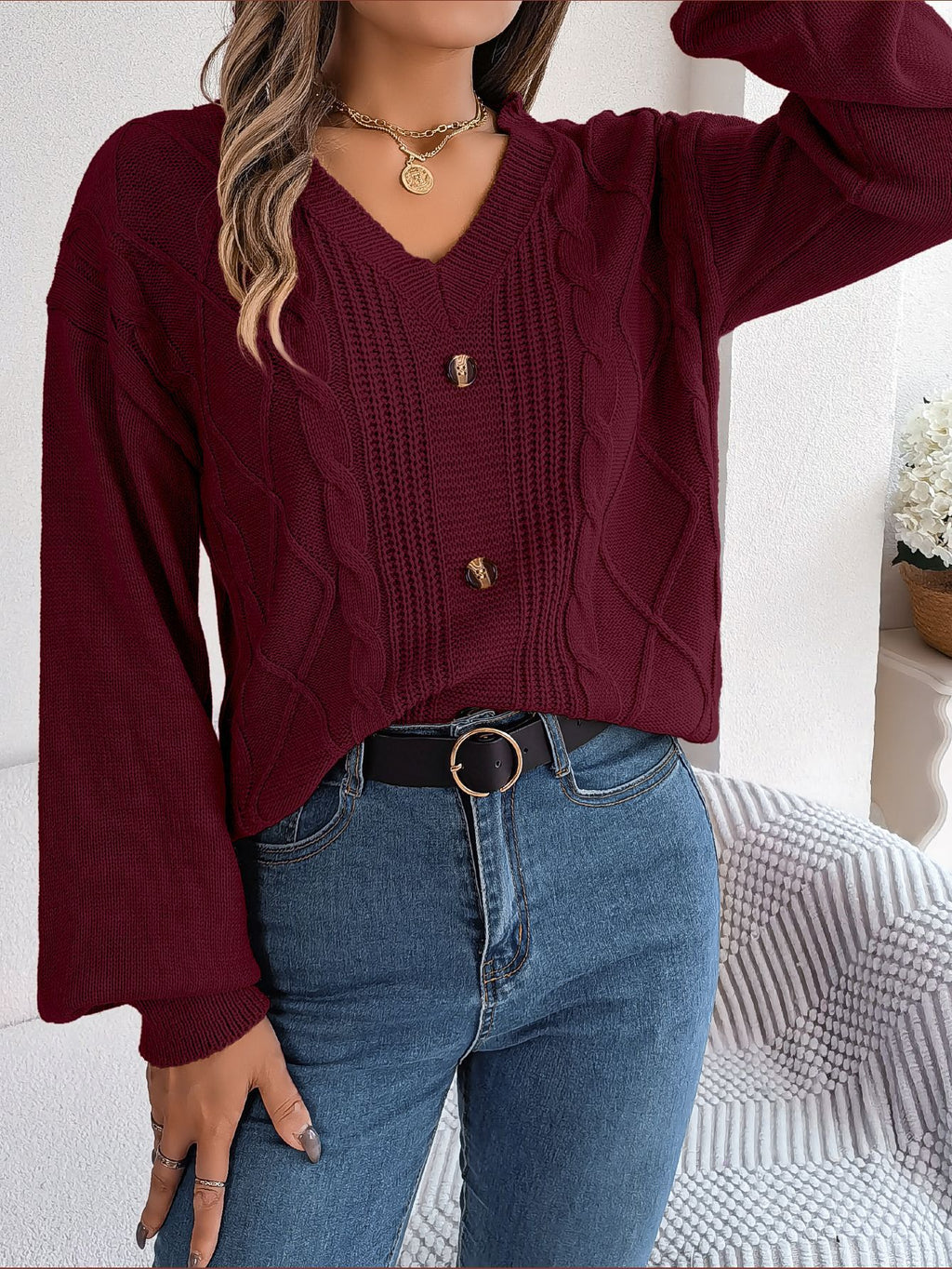 V-Ausschnitt Strickpullover mit Ballonärmeln – Ansicht 3