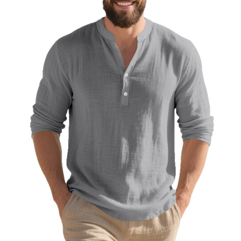 Leinen-Langarmshirt mit Stehkragen und Knöpfen – Bild 2 | LuxeStyle