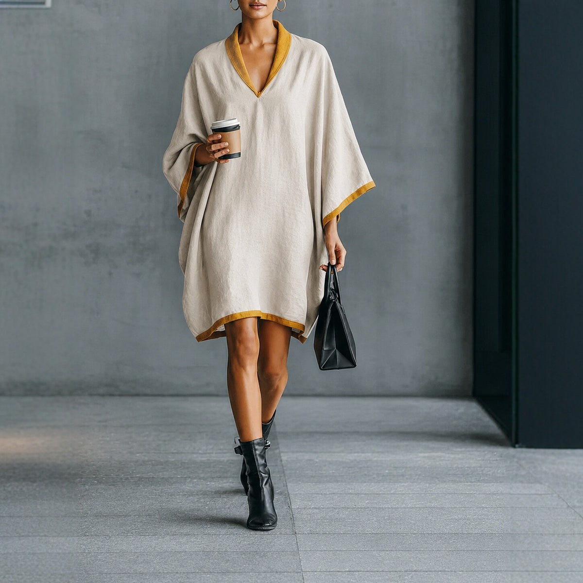 Leinen-Mix V-Ausschnitt Kleid mit Fledermausärmeln – Bild 4 | LuxeStyle