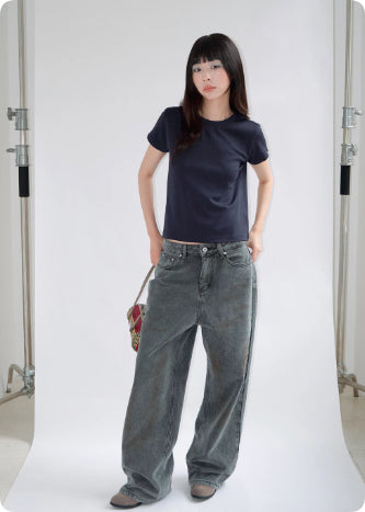Smoke Grey Washed Denim Jeans Straight Tube