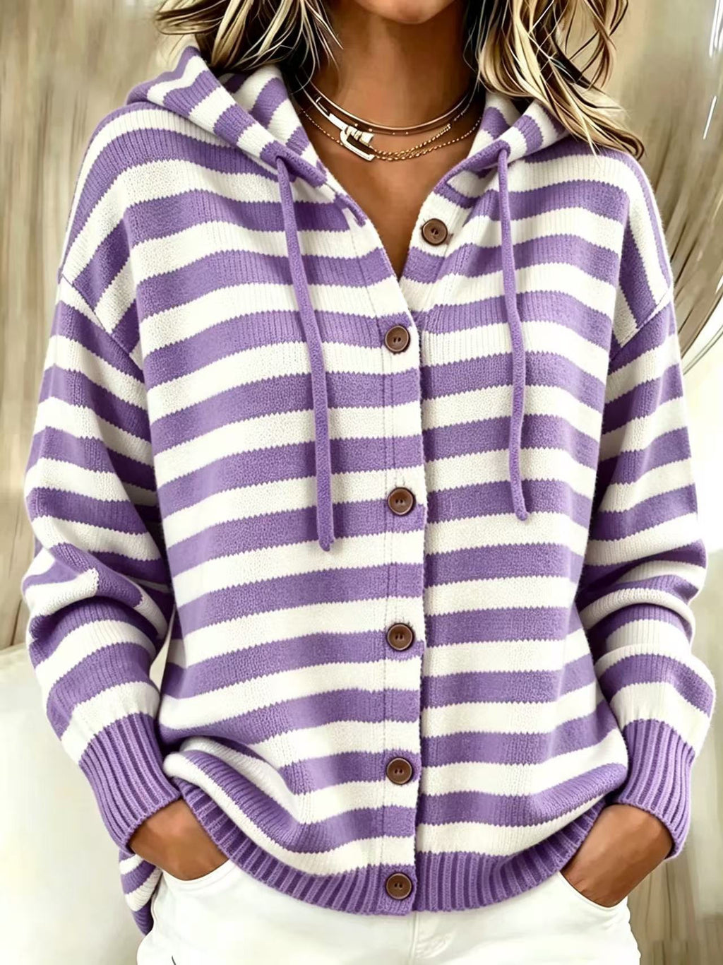 Gestreifte Kapuzen-Strickjacke für Damen – Bild 2 | LuxeStyle