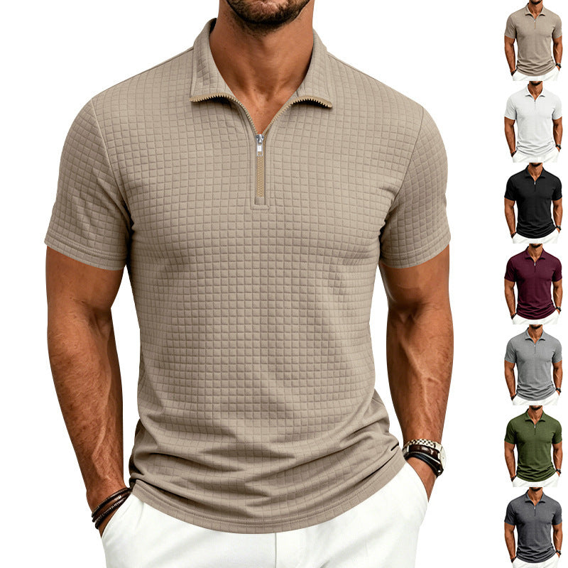 Herren Jacquard Plaid Polo-Shirt Weit geschnitten Stehkragen Kurzarm