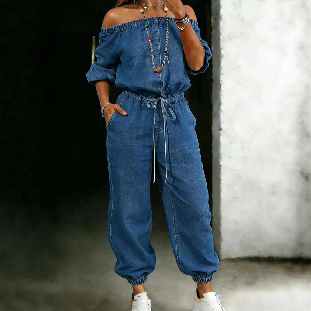 Denim Jumpsuit schulterfrei mit Bindebändern