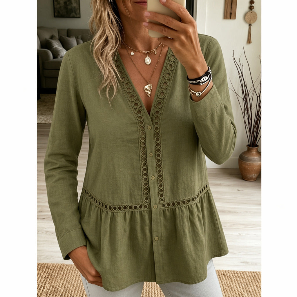 Casual Einfarbiges Langarm-Shirt mit Spitzendesign