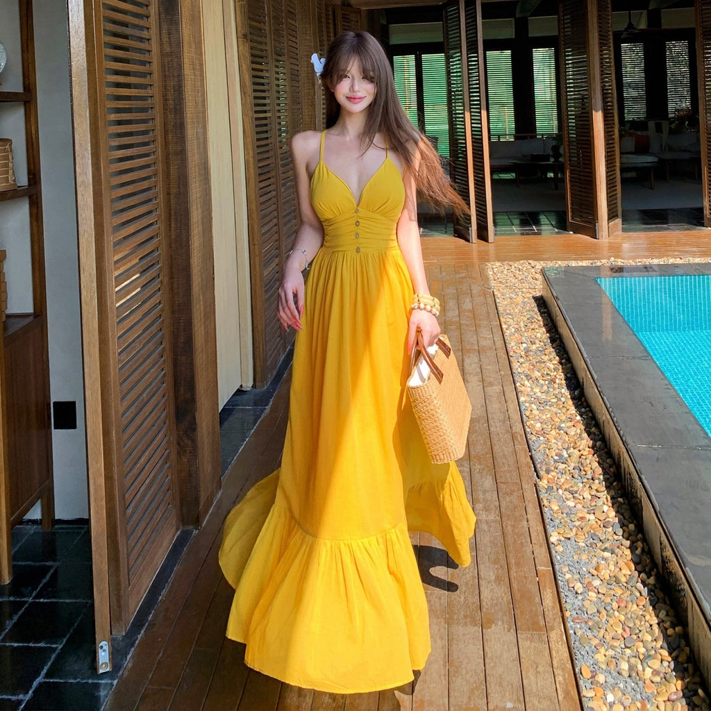 Gelbes V-Ausschnitt Trägerkleid für den Urlaub